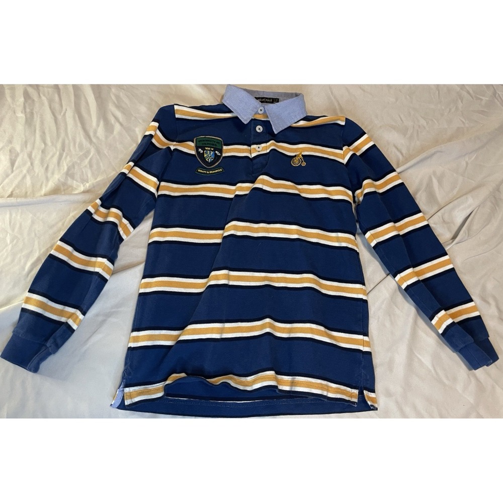 Bean Pole Polo Shirt Youth 11-12Y Blue Stripe Oxford Trinity Rugby Long Sleeve